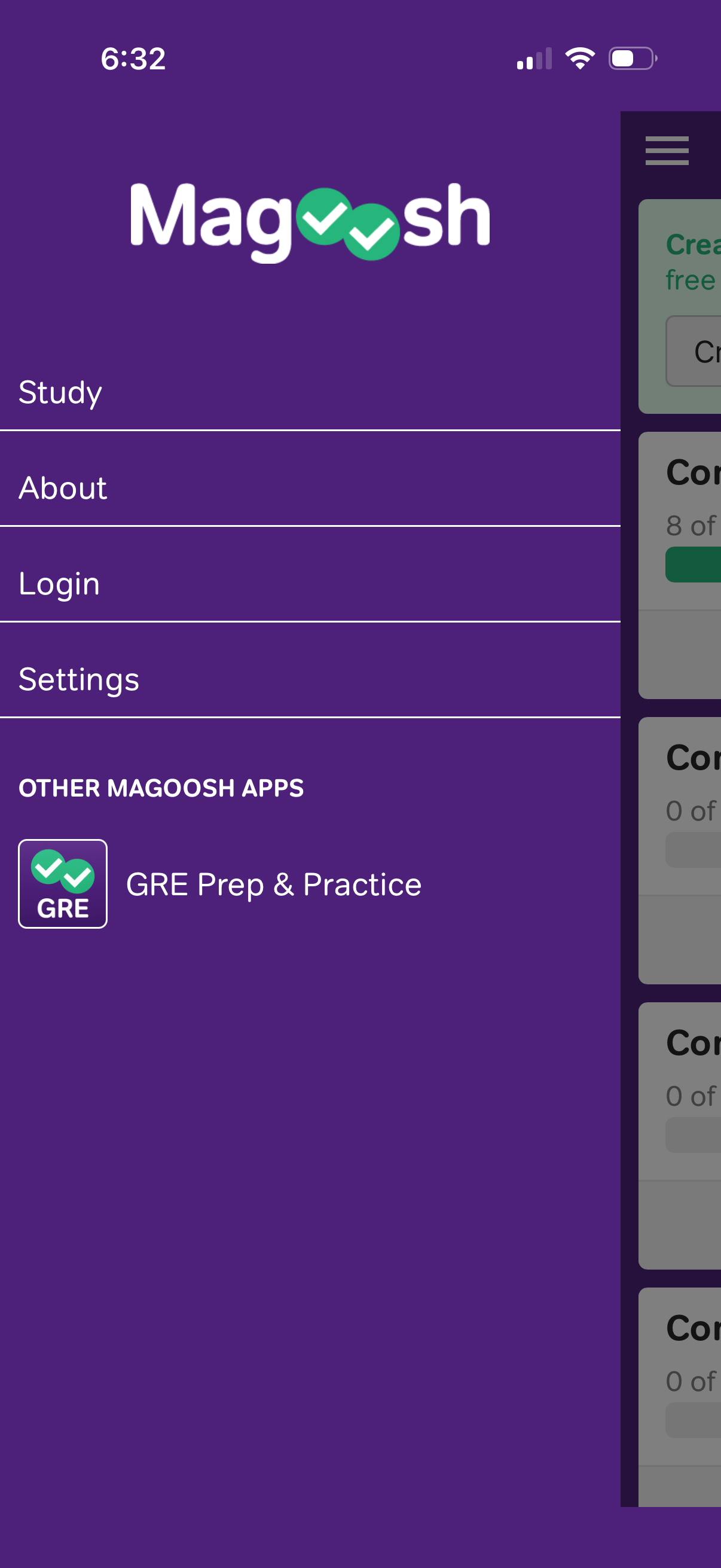 GRE-vocab navigation screenshot